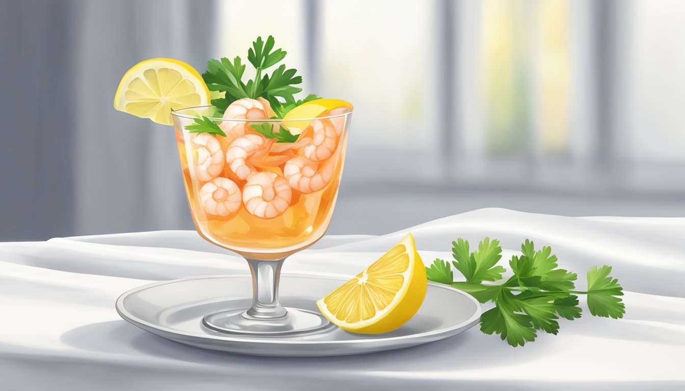 A glass dish filled with shrimp cocktail, garnished with lemon wedges and parsley, sitting on a white tablecloth