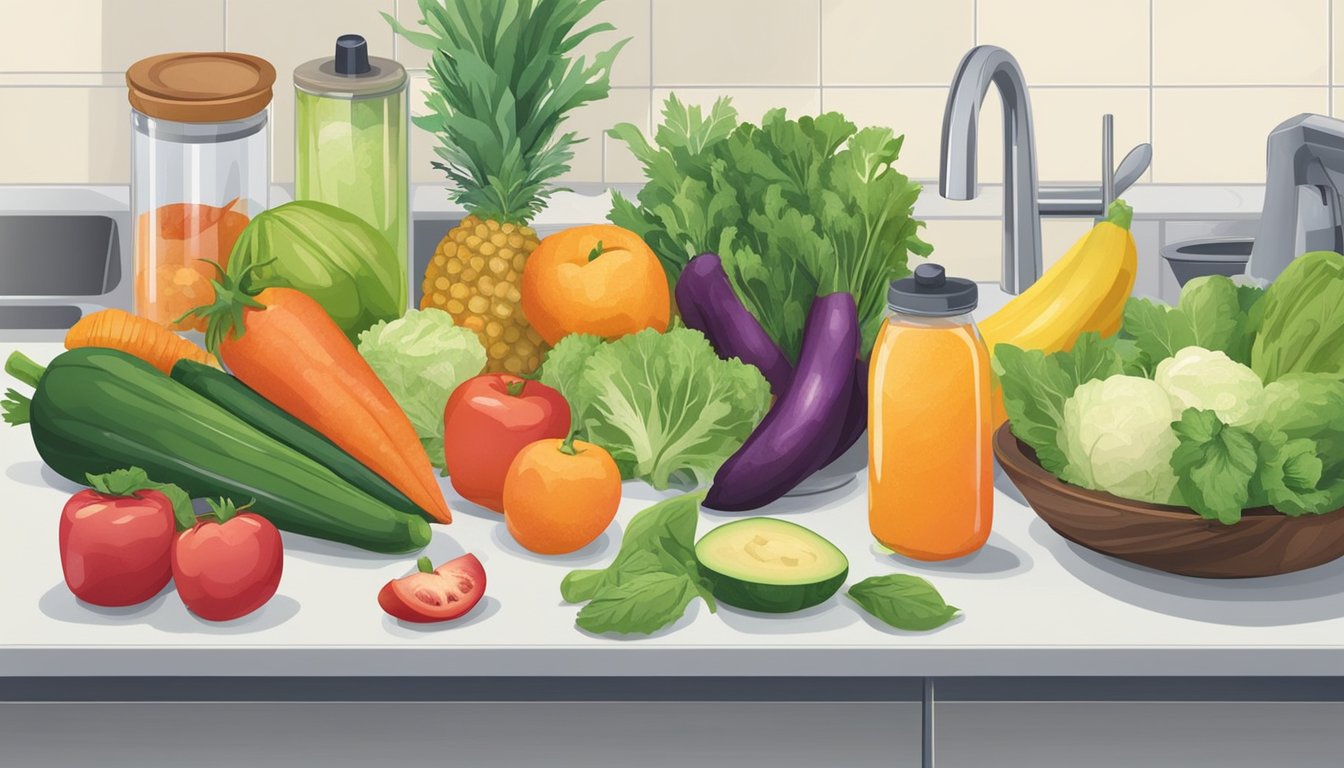 Fresh fruits and vegetables being washed and chopped on a clean kitchen counter, alongside containers for portioning and storing