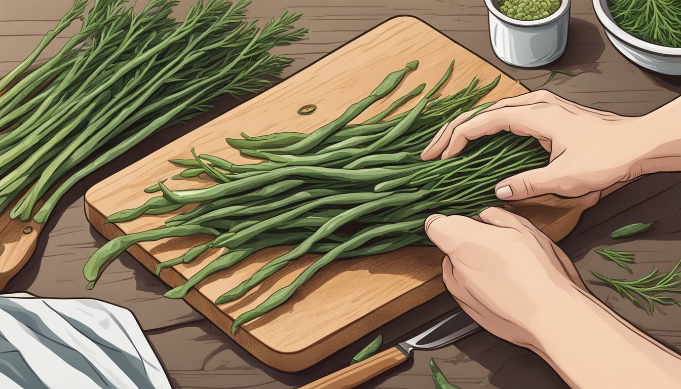 A hand reaching for a bunch of fresh samphire, a knife and cutting board nearby, ready to prepare and eat