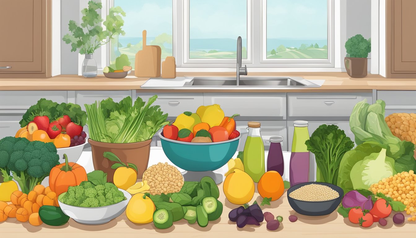 A kitchen counter with various fresh fruits, vegetables, lean proteins, and whole grains laid out for meal prepping