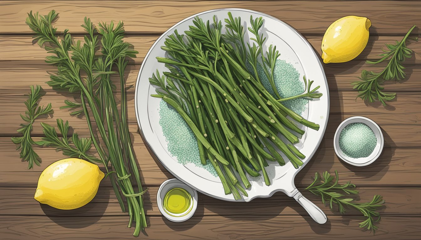 A plate of steamed samphire, drizzled with olive oil and sprinkled with sea salt, sits on a rustic wooden table next to a bowl of freshly sliced lemons