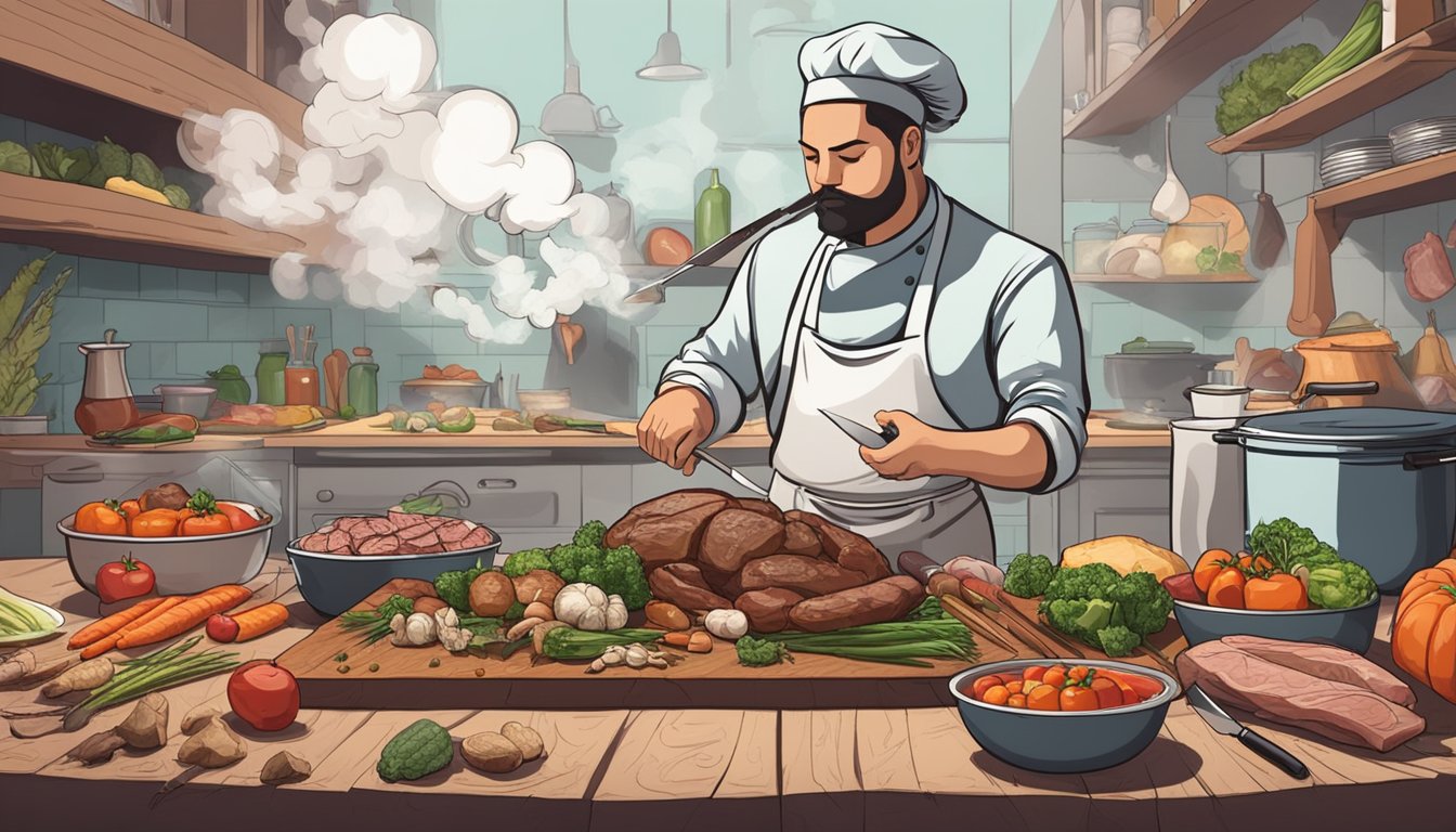 A smoker surrounded by various meats and vegetables, with a chef's knife and cutting board nearby. Smoke billows out as the food is being prepared for smoking