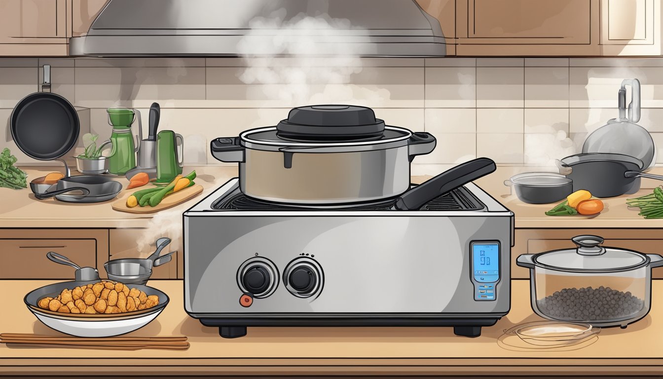 A pressure fryer surrounded by various ingredients and cooking utensils on a countertop, with steam rising from the sizzling food inside