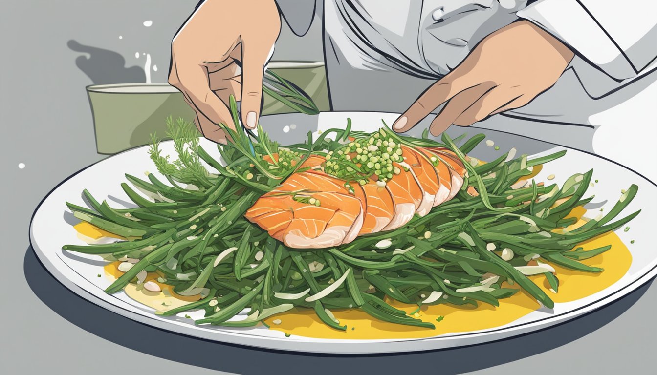 A chef sprinkles samphire over a salad, adds it to a stir-fry, and garnishes a seafood dish with it