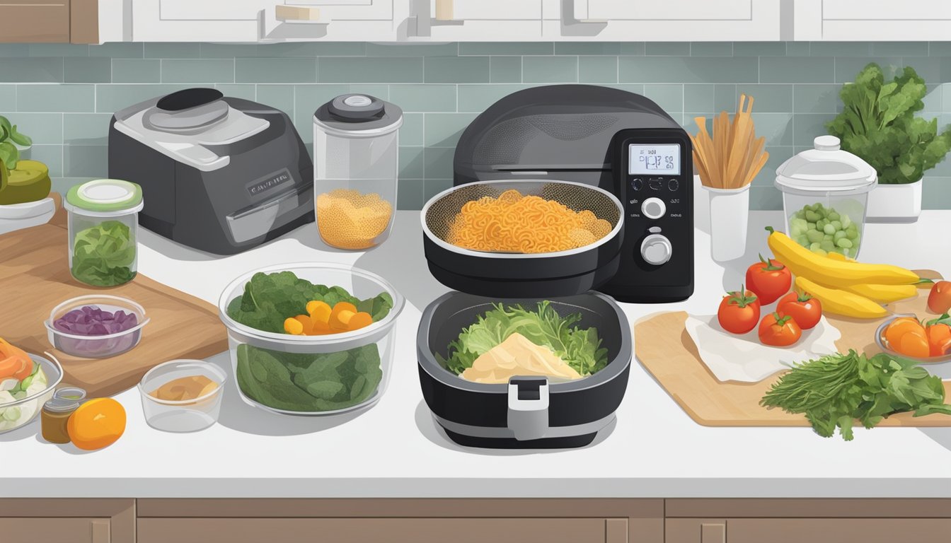 A kitchen counter with a variety of fresh ingredients, a pressure fryer, and meal prep containers neatly organized