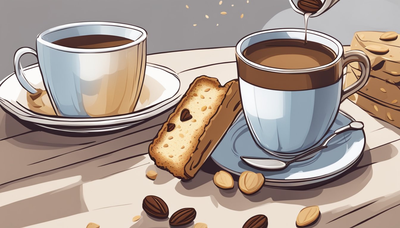 An almond biscotti being dipped into a cup of coffee