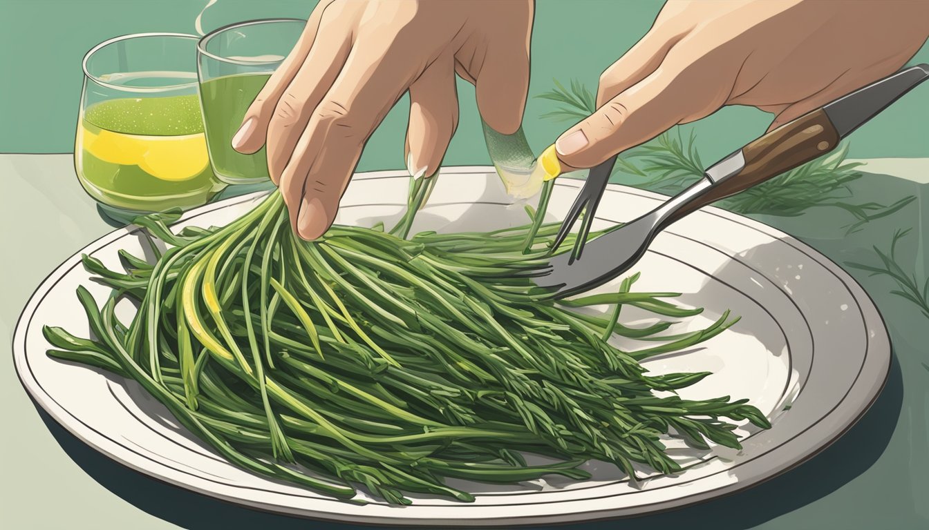 A hand reaching for a plate of cooked samphire, with a fork spearing the delicate green shoots. A sprinkle of lemon juice glistens on top