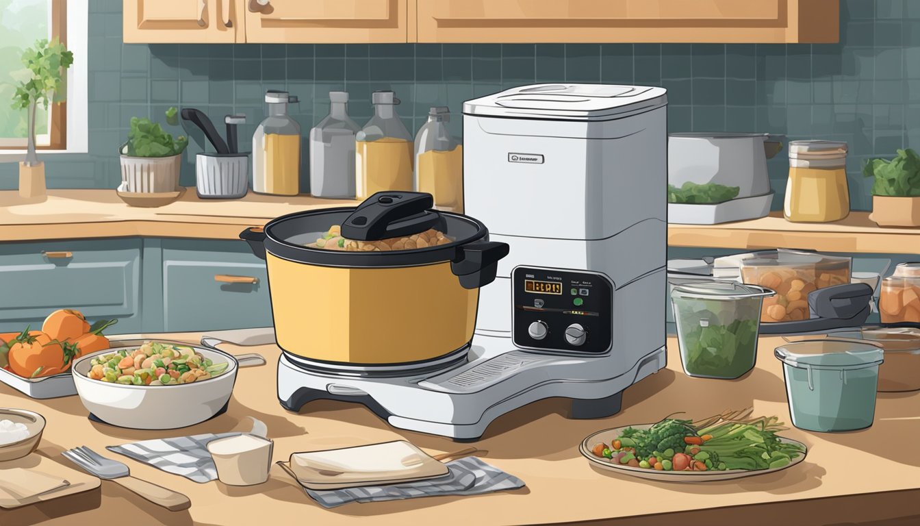 A kitchen counter with a pressure fryer surrounded by various ingredients and meal containers. A cookbook and utensils are nearby