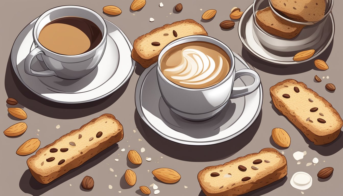 A plate of almond biscotti with scattered ingredients next to a cup of coffee