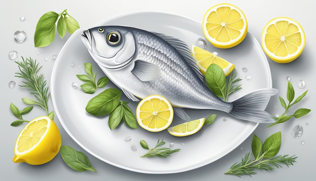 A small silver fish lies on a white plate, surrounded by lemon wedges and fresh herbs