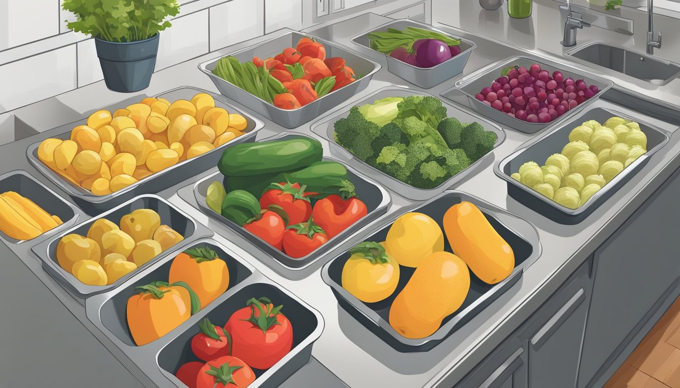 Fresh fruits and vegetables being washed, chopped, and organized into meal prep containers. A variety of colorful produce and whole grains are displayed on the kitchen counter