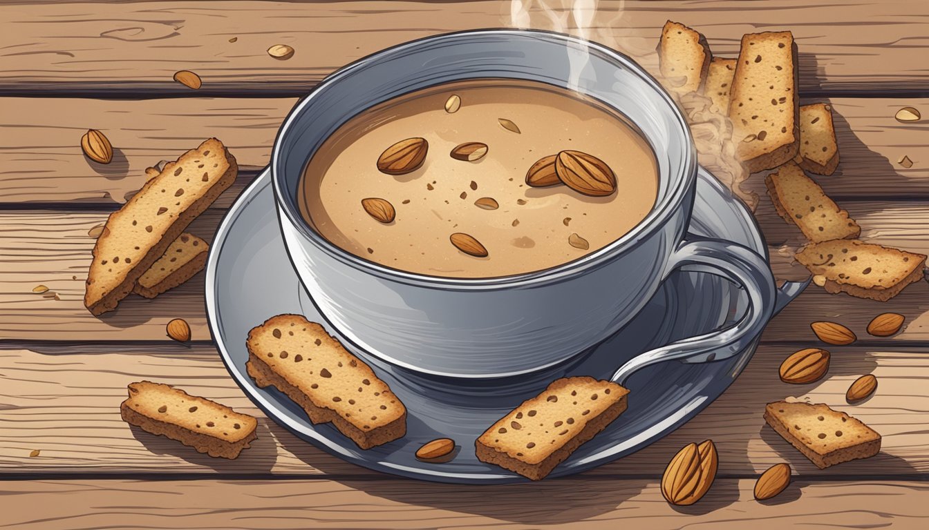 A plate of almond biscotti sits beside a steaming cup of coffee on a rustic wooden table. Crumbs scatter around the plate