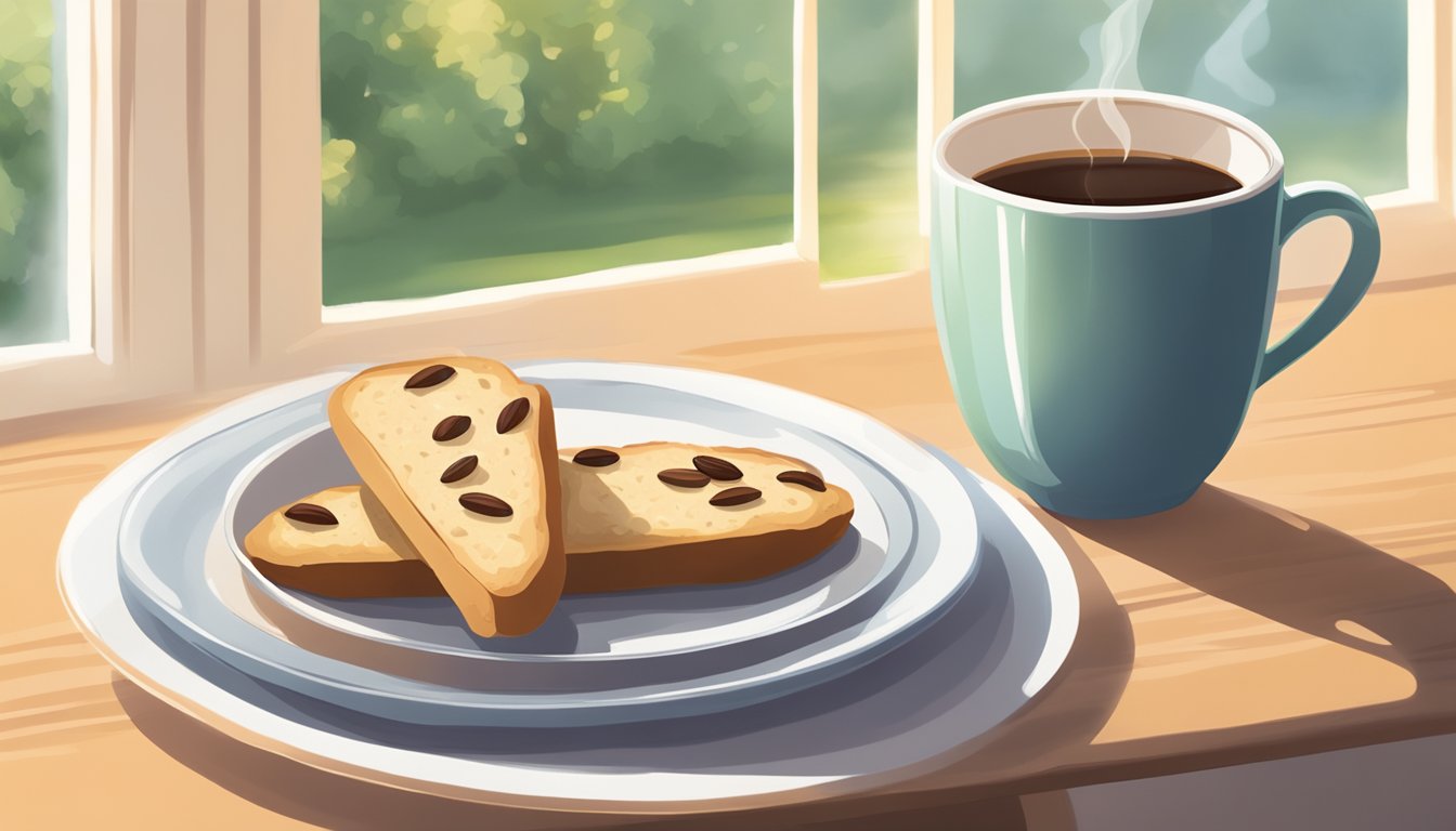 A plate of almond biscotti sits next to a steaming cup of coffee on a cozy table by a window overlooking a sunny garden