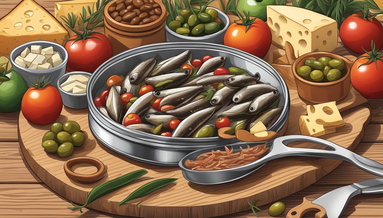 An open can of anchovies surrounded by various food items like olives, tomatoes, and cheese on a wooden cutting board