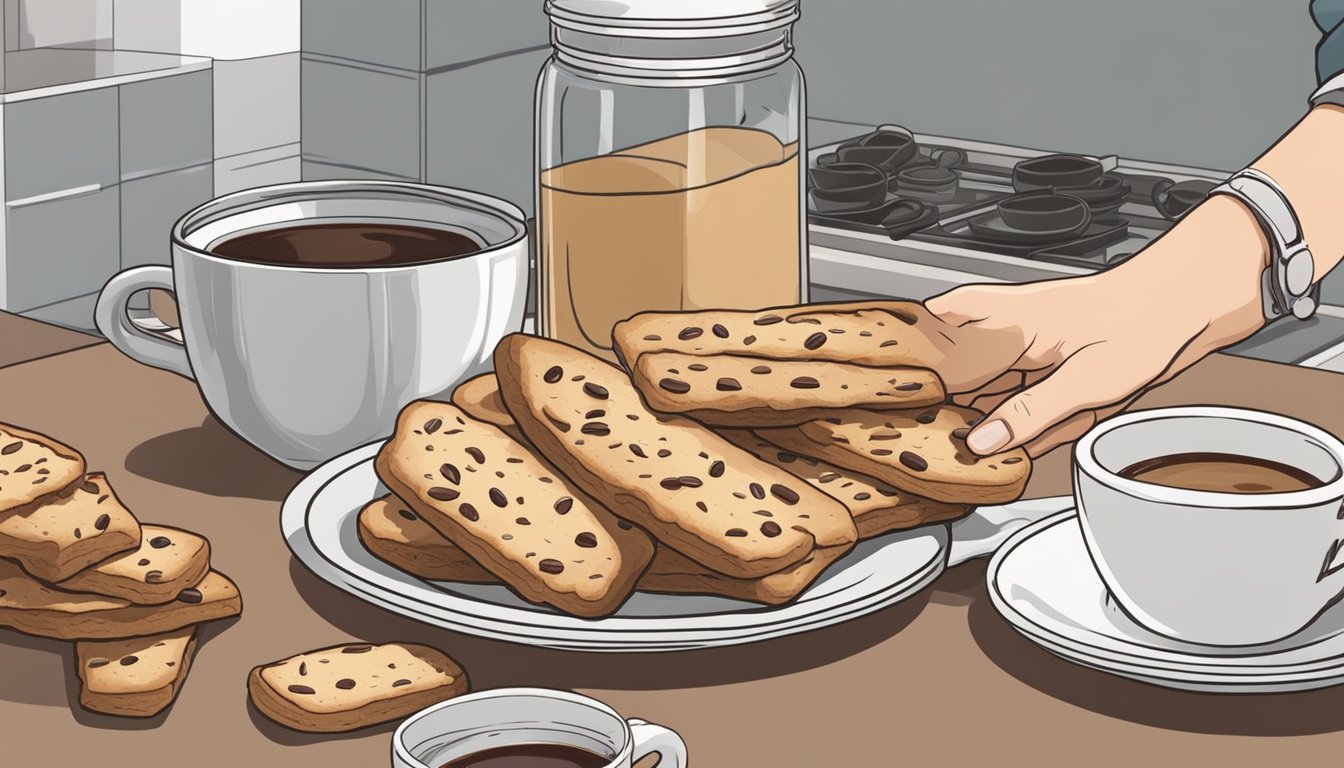 A hand reaching for a jar of biscotti on a kitchen counter, with a plate of biscotti and a cup of coffee nearby