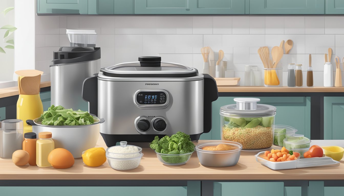 A kitchen counter with a pressure fryer, various ingredients, and storage containers for meal prepping