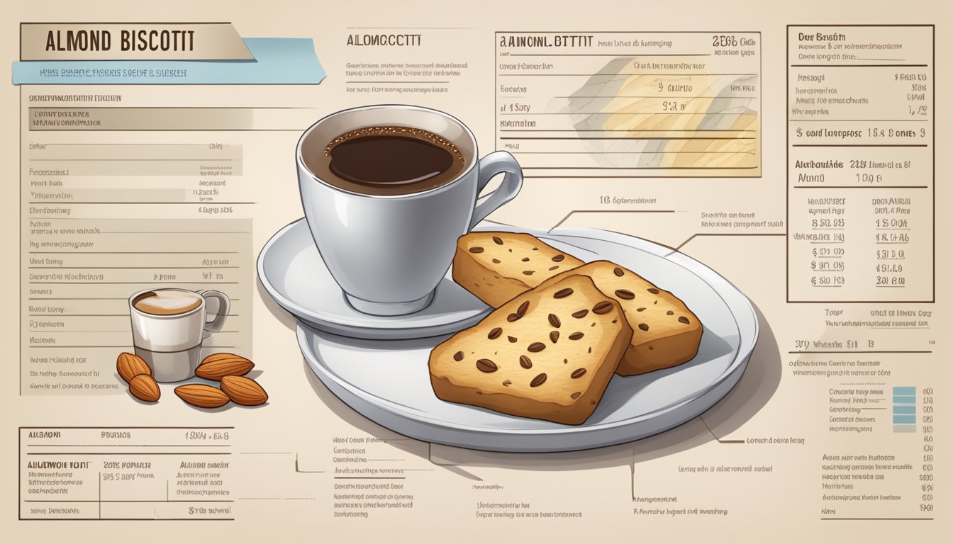 A plate with almond biscotti, a cup of coffee, and a nutritional information label