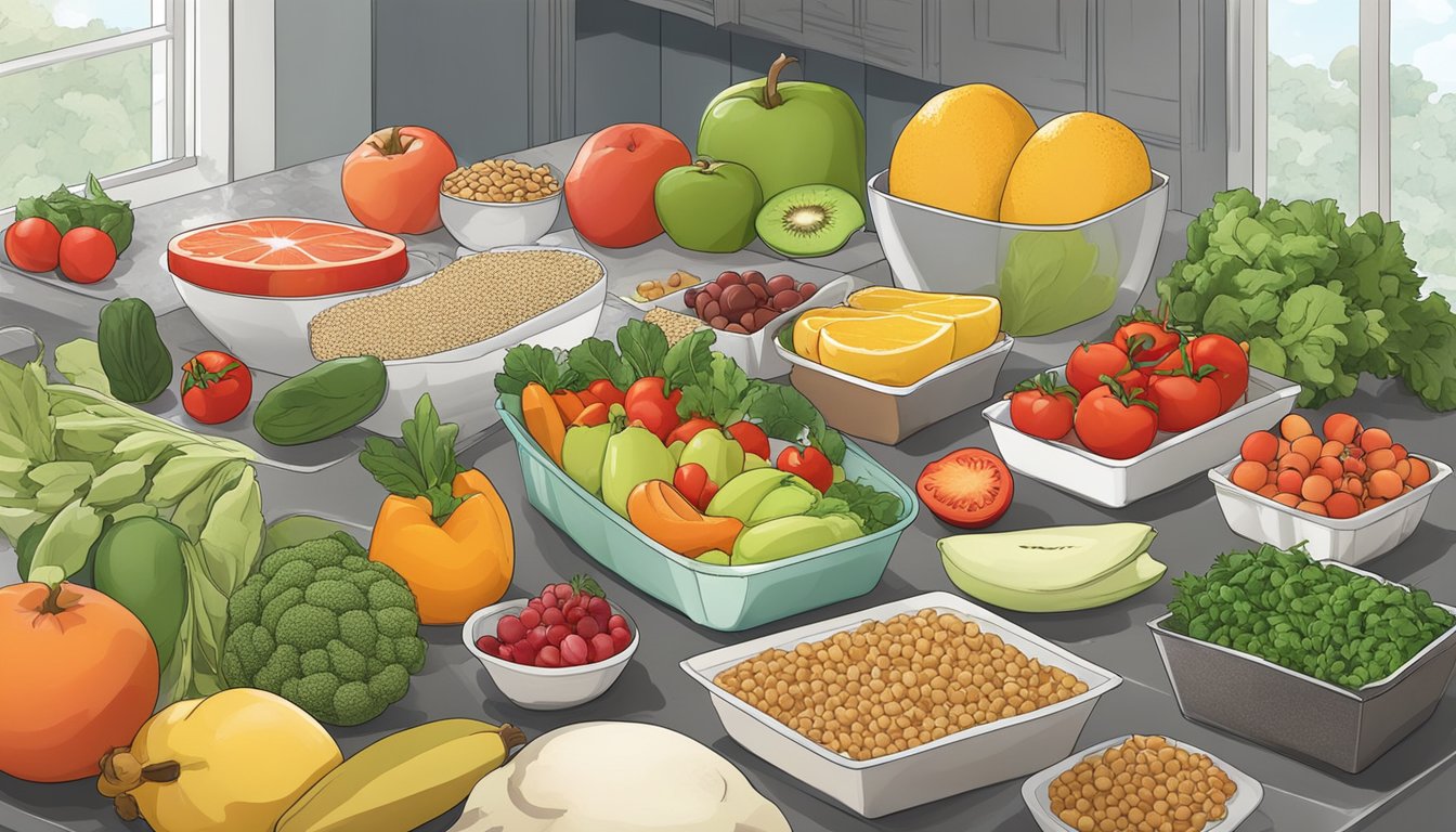 A kitchen counter with various fresh fruits, vegetables, grains, and lean proteins laid out for meal prepping