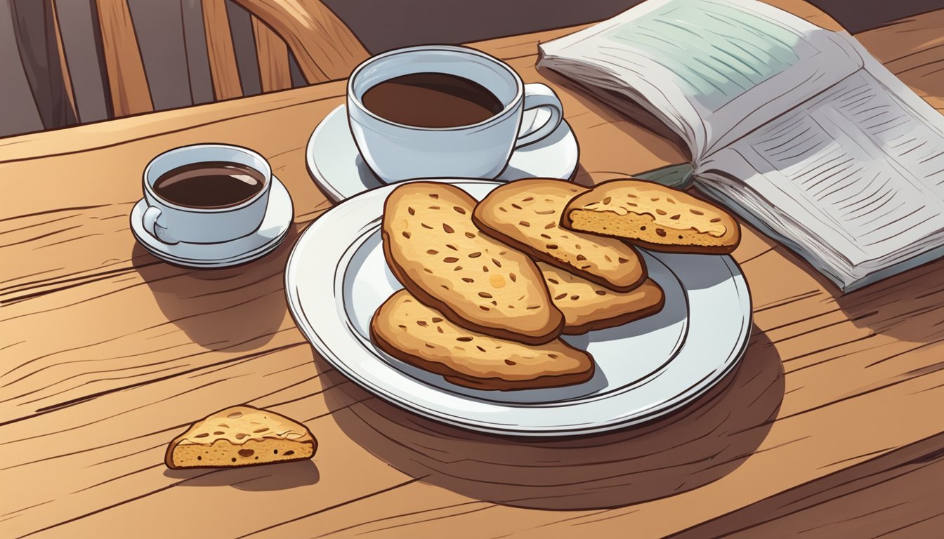 A plate of almond biscotti sits next to a steaming cup of coffee on a wooden table, with a cozy chair in the background