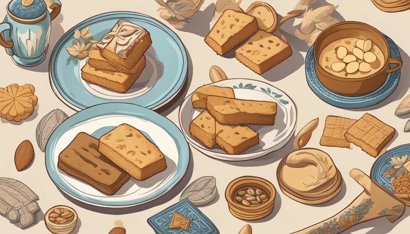 A plate of almond biscotti surrounded by cultural symbols and traditional items, with a hand reaching in to pick one up