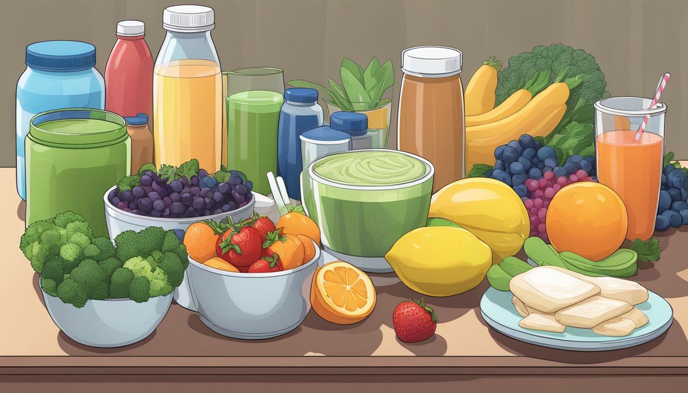 A gymnast's meal prep scene includes a variety of supplements like protein powder, vitamins, and electrolyte drinks alongside fresh fruits and vegetables