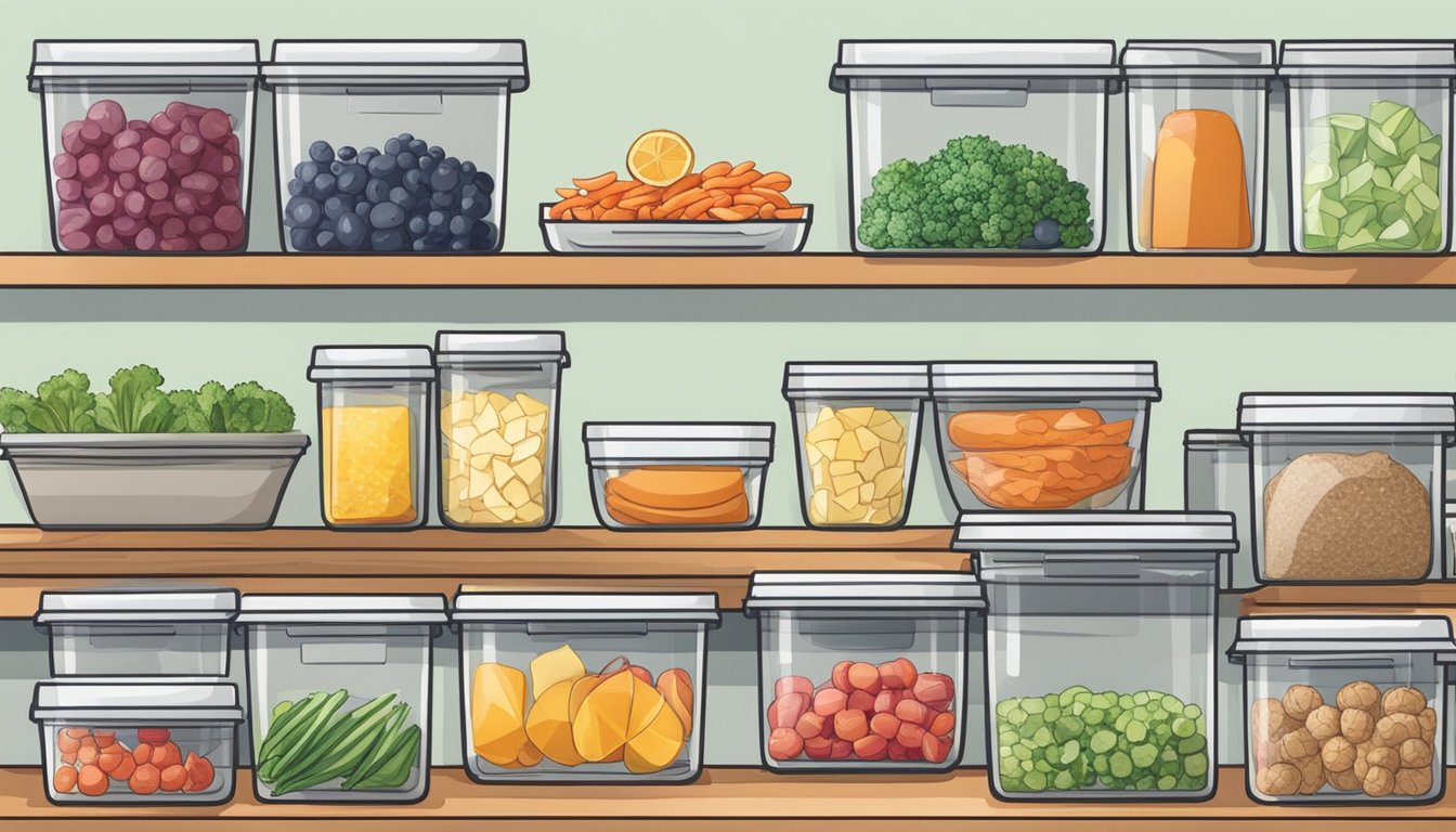 A kitchen counter with a variety of low sulfur foods being prepped and organized into portioned containers for meal prep