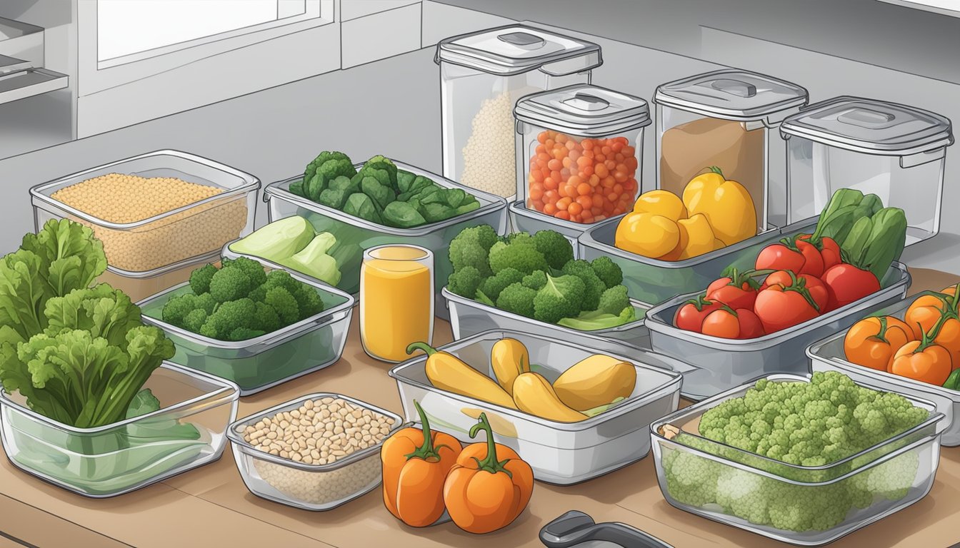 A kitchen counter with various fresh vegetables, lean proteins, and grains neatly organized in containers for meal prepping