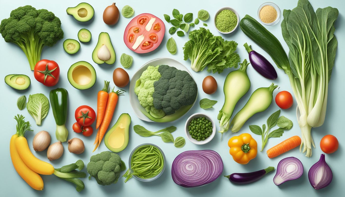 A variety of fresh vegetables, lean proteins, and healthy fats are laid out on a clean, organized kitchen counter, ready to be prepped and cooked for the Body Ecology Diet