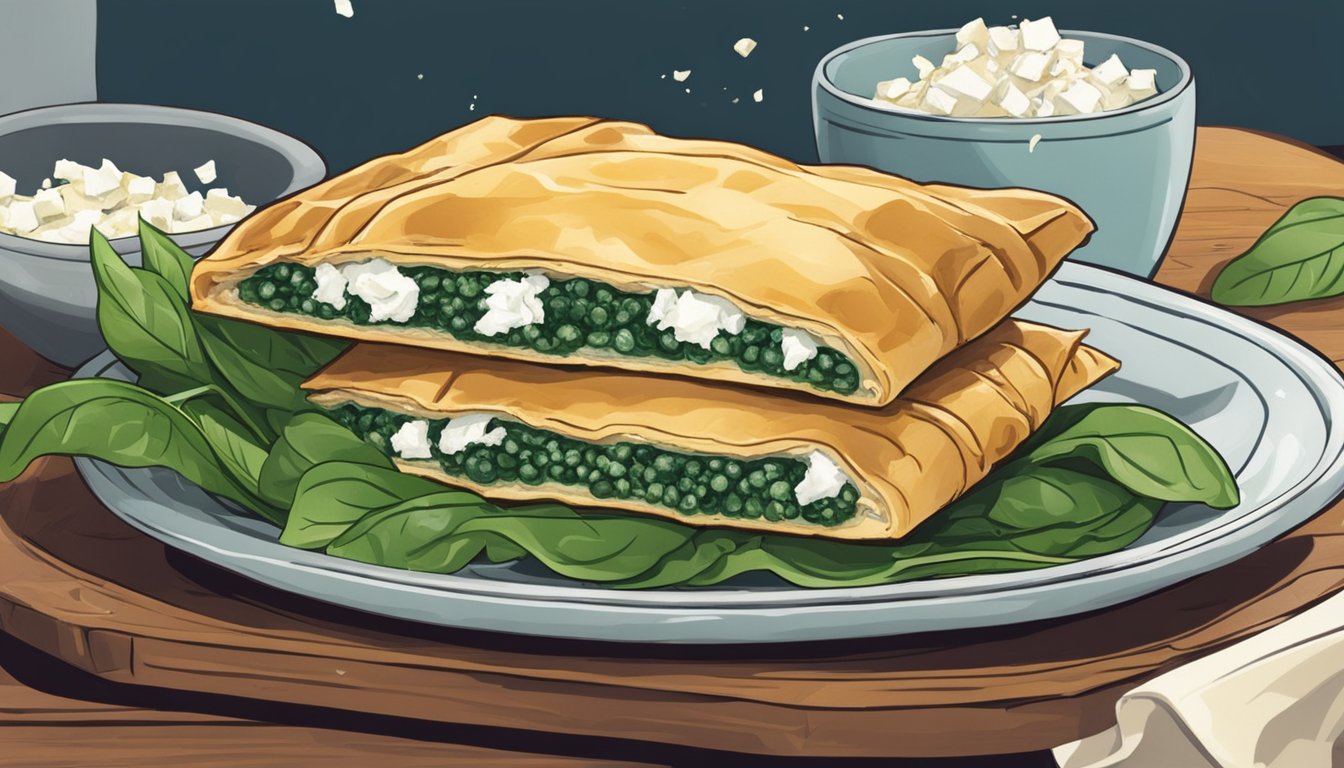 A golden-brown spanakopita sits on a rustic plate, surrounded by fresh spinach and feta cheese. A fork hovers above, ready to take a bite