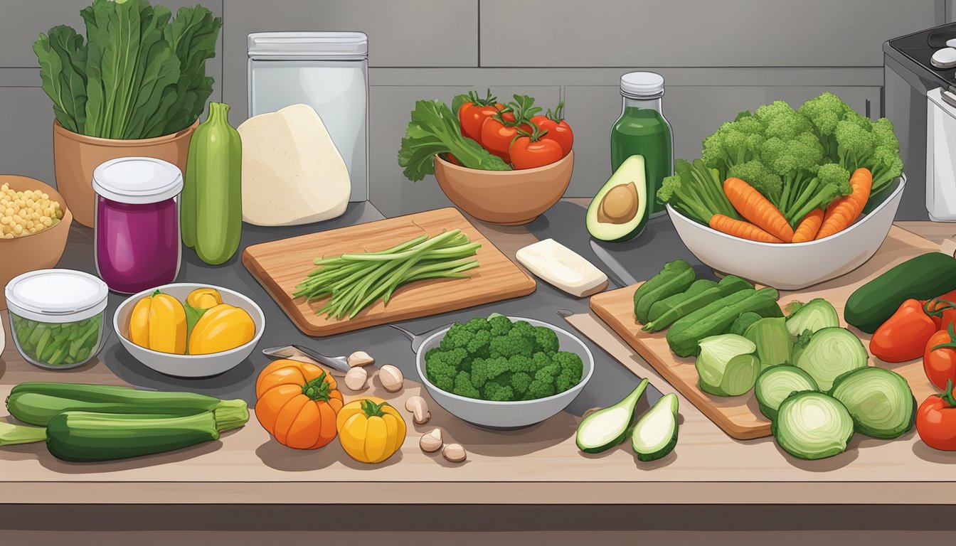 A kitchen counter with a variety of fresh vegetables, lean proteins, and healthy fats laid out for meal prep. Cutting boards, knives, and storage containers are nearby