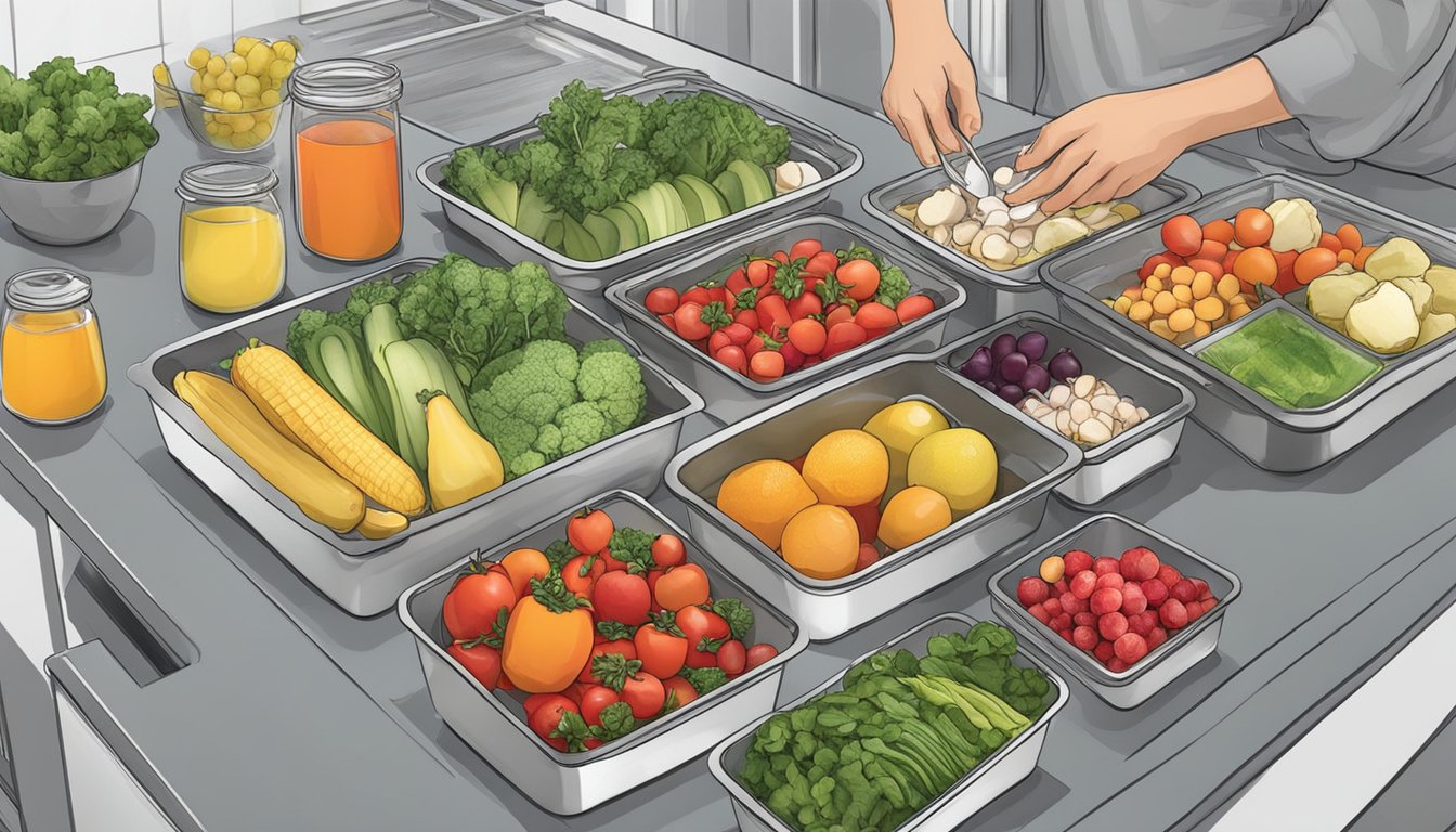 A kitchen counter with fresh fruits, vegetables, and lean proteins being prepped and portioned into meal containers