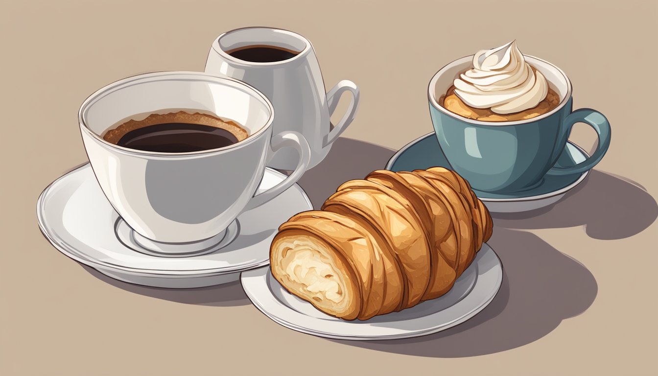 An almond croissant sits on a white plate next to a small cup of coffee. The pastry is flaky and golden, with sliced almonds on top