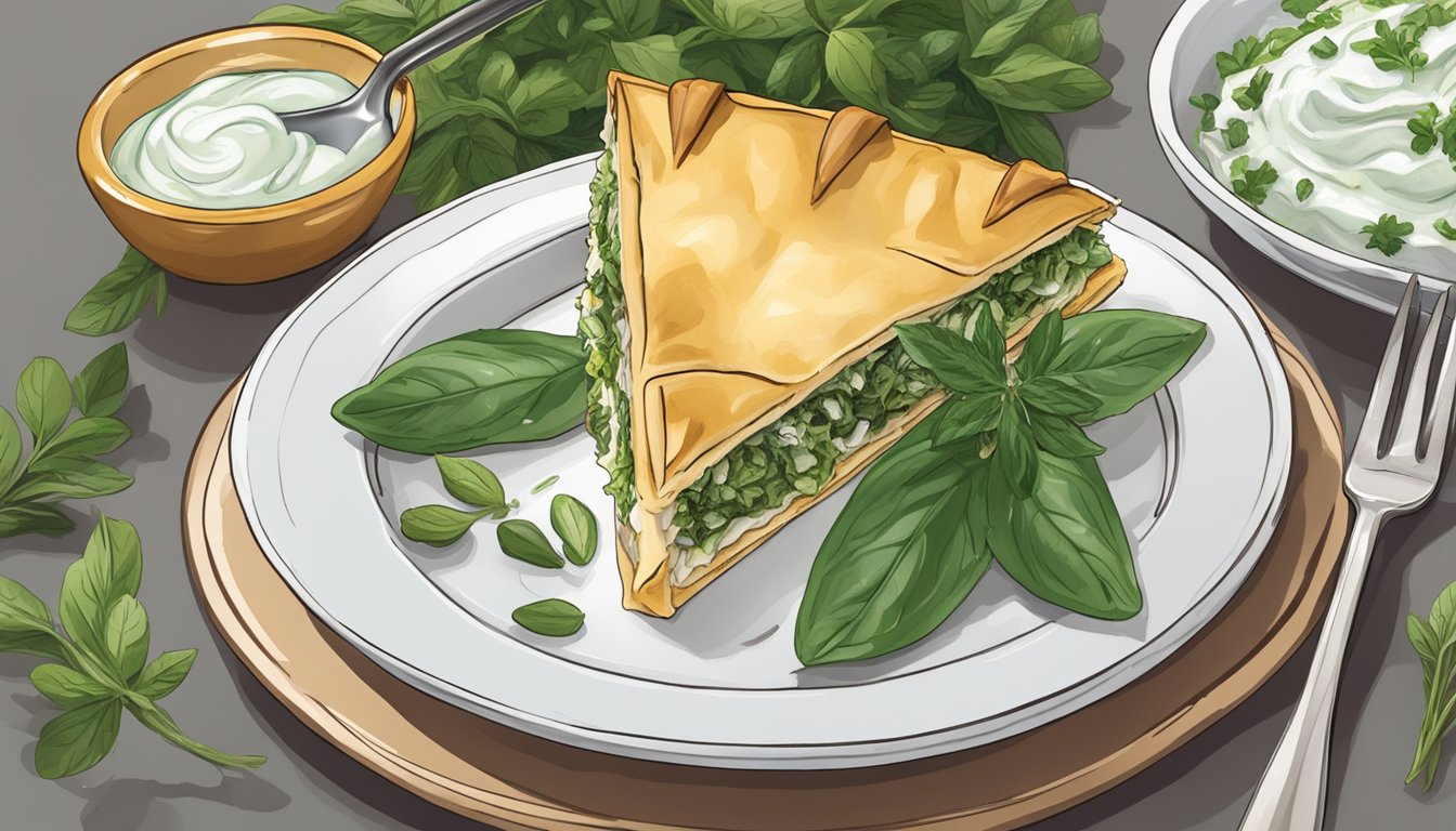 A golden-brown spanakopita sits on a plate, surrounded by fresh herbs and a dollop of tzatziki. A fork hovers nearby, ready to take a bite