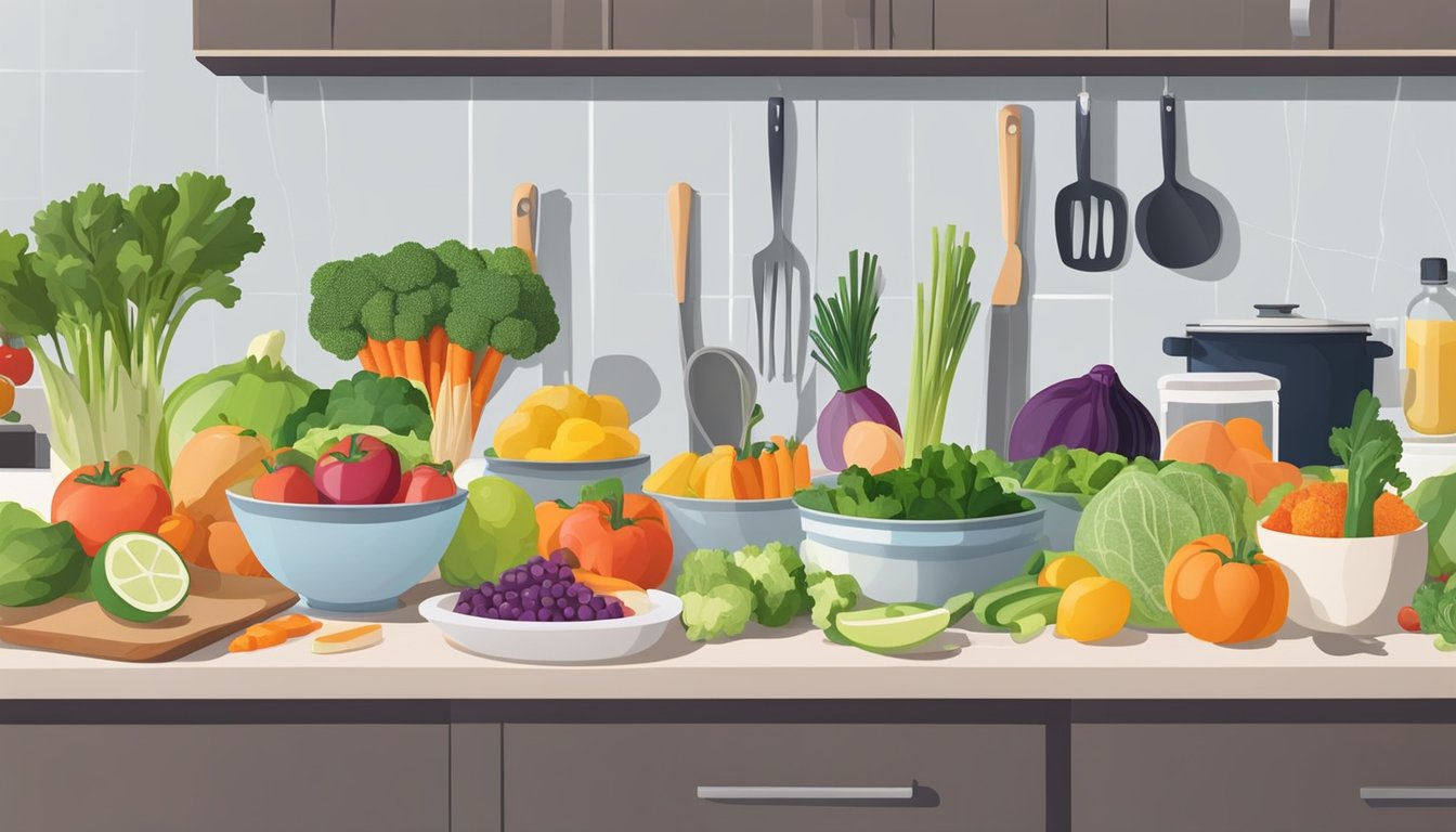 A kitchen counter with a variety of fresh vegetables, fruits, and lean proteins laid out for meal prepping. Bowls, cutting boards, and utensils are neatly arranged nearby