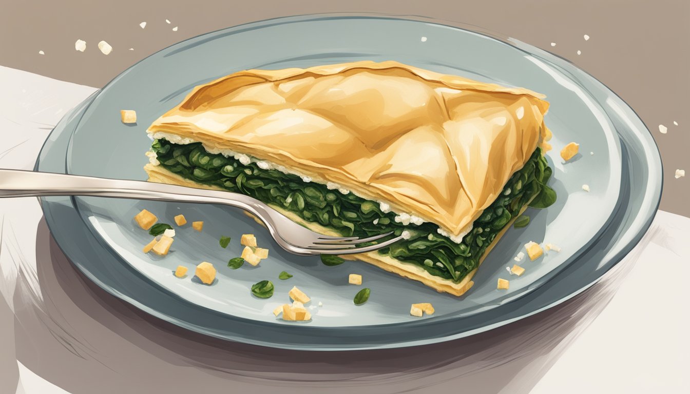 A golden-brown spanakopita sits on a plate, steam rising from its flaky layers. A fork hovers above, ready to pierce the savory spinach and feta filling