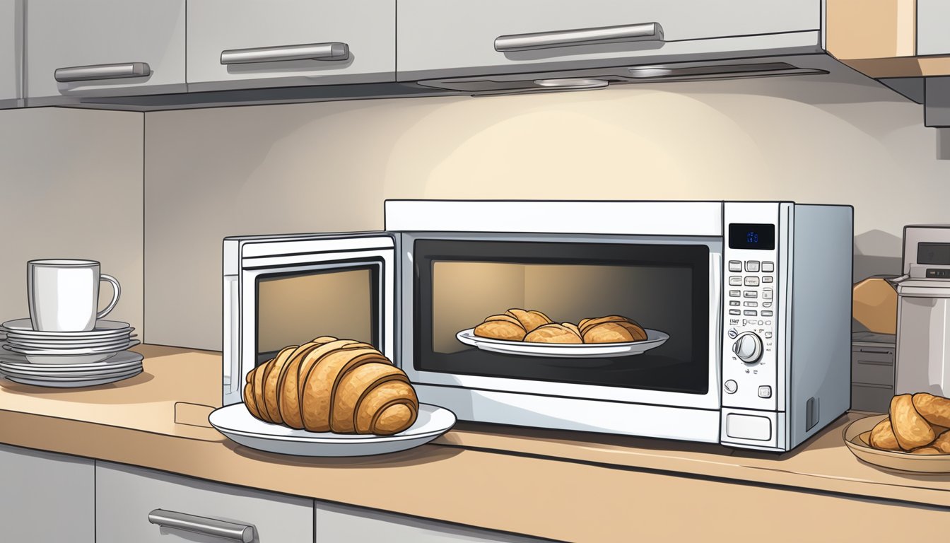 An almond croissant sits on a plate next to a microwave. A hand reaches out to open the microwave door