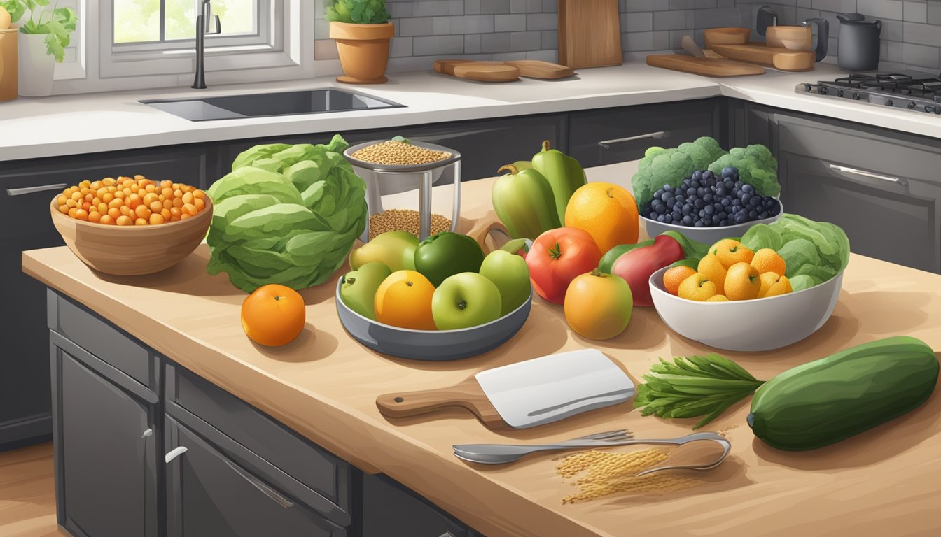 A kitchen counter with an array of fresh fruits, vegetables, and grains, alongside cooking utensils and storage containers for meal prepping