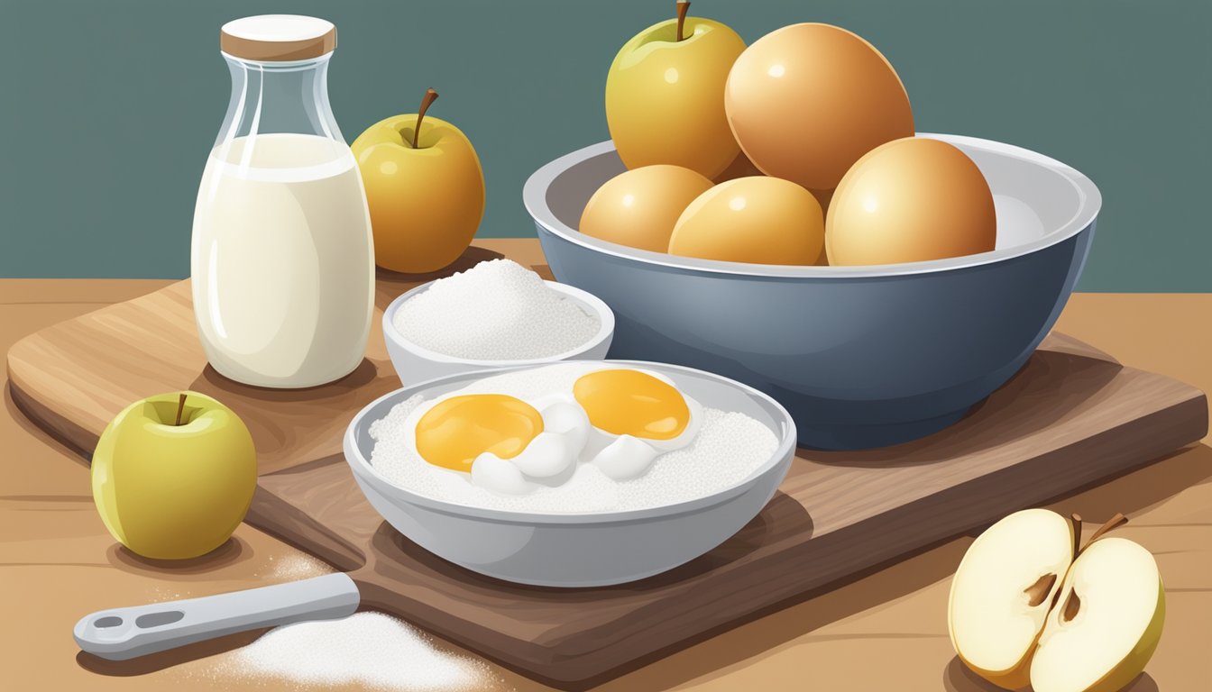 A mixing bowl with flour, eggs, and milk, next to a peeled and sliced apple on a cutting board