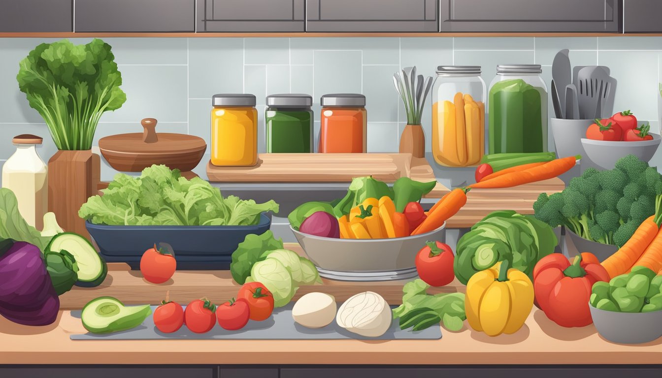 A kitchen counter with various fresh vegetables, fruits, and meats laid out for meal prepping. Cutting boards, knives, and storage containers are also present