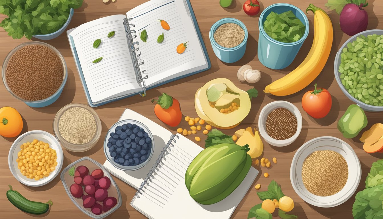 A kitchen counter with various colorful fruits, vegetables, and containers of grains and legumes, along with a cookbook and a list of body ecology diet guidelines