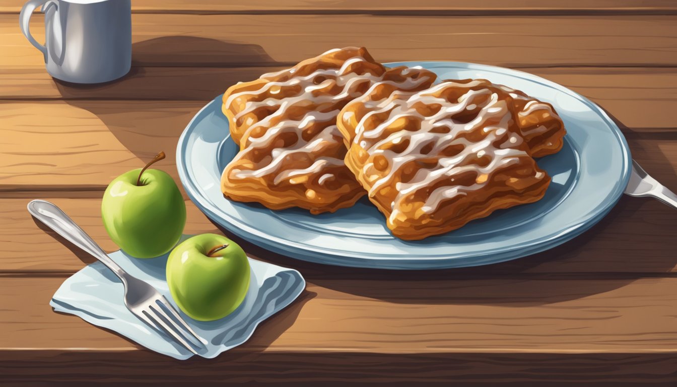 An apple fritter sits on a rustic wooden table, glistening with a perfect glaze. A fork hovers nearby, ready to take a bite