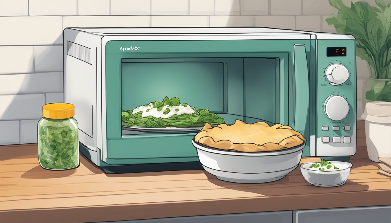 A plate with a freshly baked spanakopita next to a microwave for reheating. A small container of tzatziki sauce sits nearby