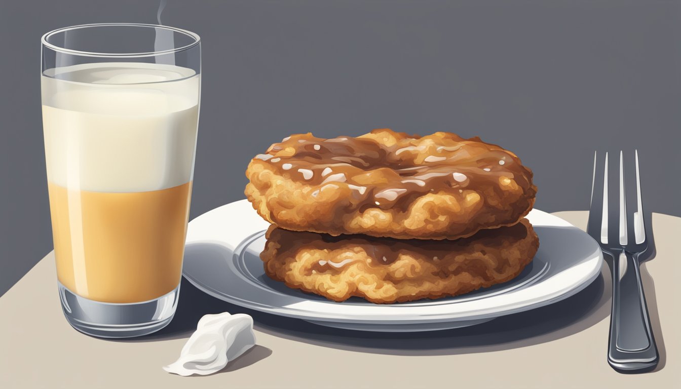 An apple fritter sits on a white plate next to a fork. A glass of milk and a napkin are nearby