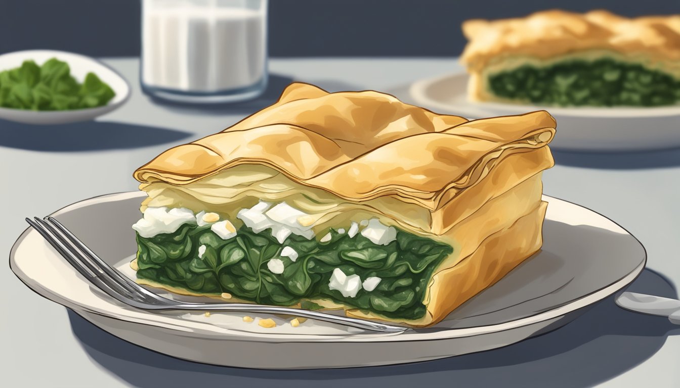 A golden-brown spanakopita sits on a plate, steam rising from the flaky layers of phyllo pastry. A fork hovers above, ready to cut into the savory spinach and feta filling