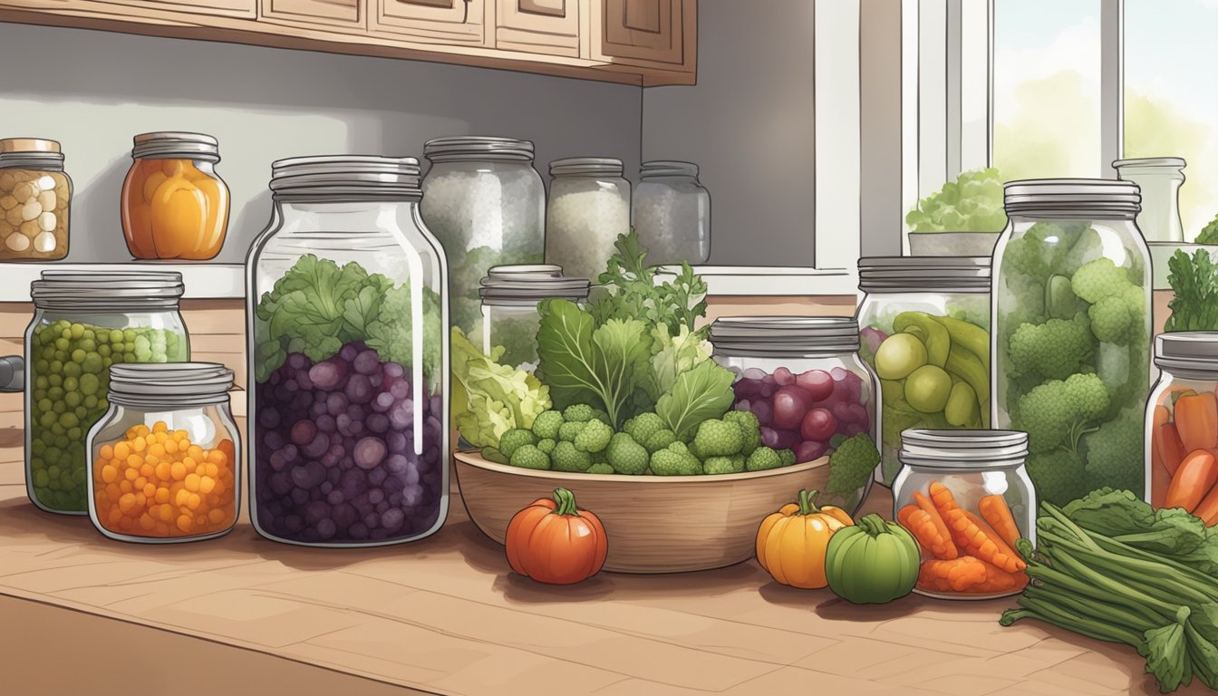 A kitchen counter with a fermenting crock surrounded by various fresh vegetables and jars of fermented foods