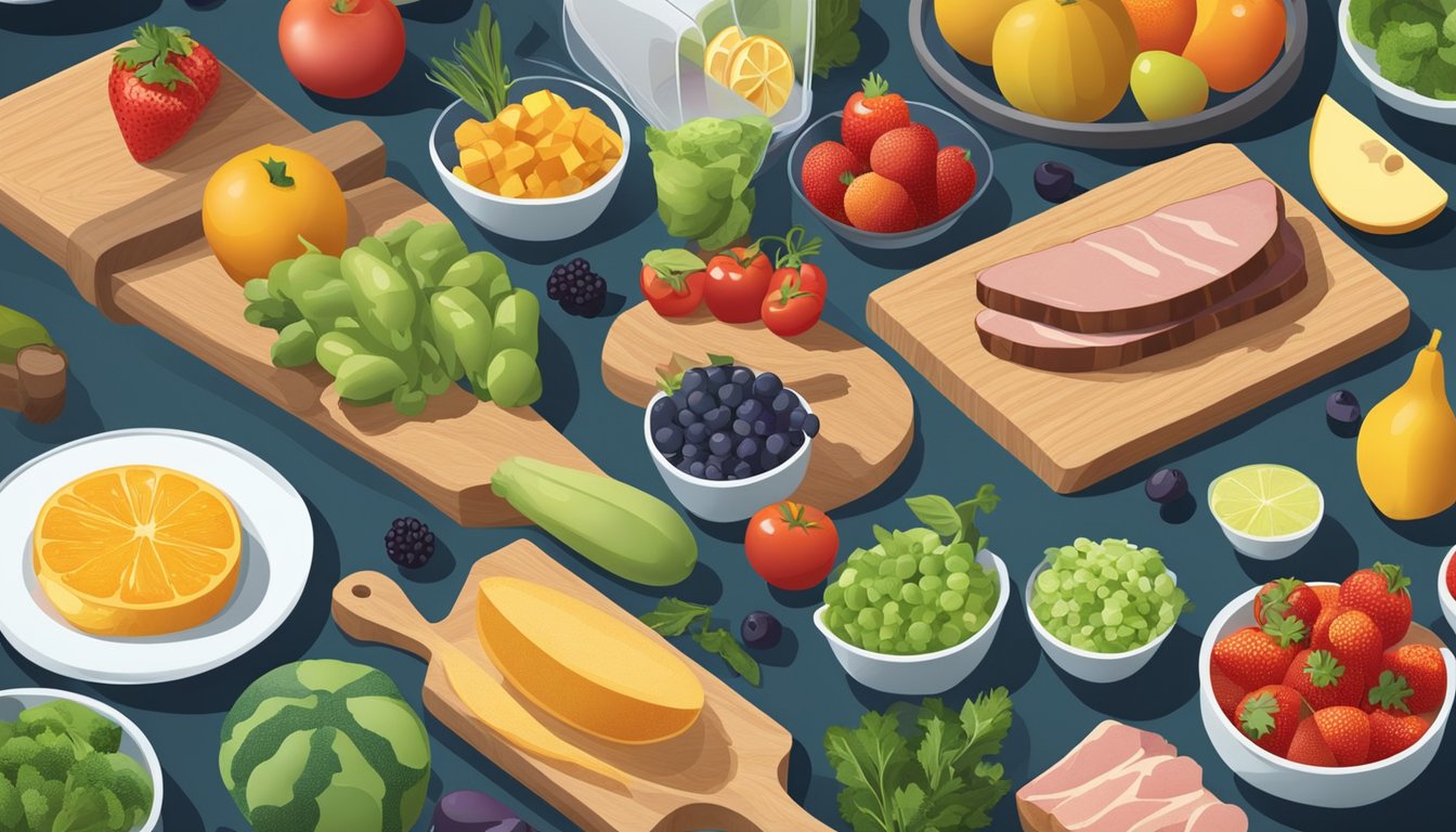 A kitchen counter with various fresh fruits, vegetables, and meats laid out for meal prepping. A colorful array of ingredients in glass containers and cutting boards