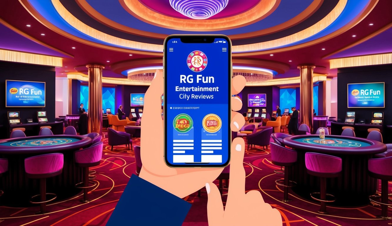 一部移動設備在充滿活力的賭場主題環境中顯示 RG Fun Entertainment City 的評論