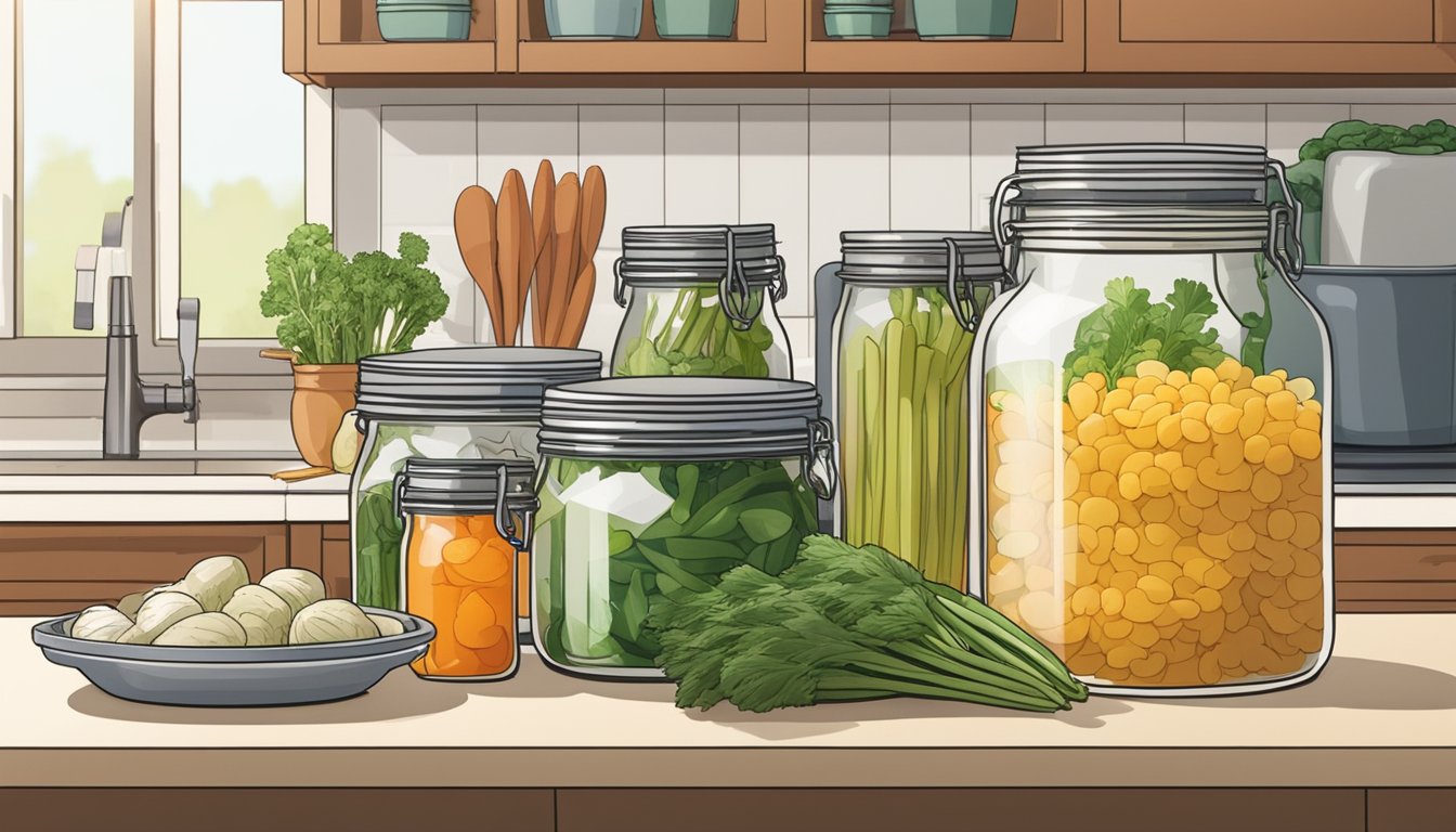 A fermenting crock sits on a kitchen counter, surrounded by jars of vegetables and containers of brine. A cookbook on meal prepping is open nearby