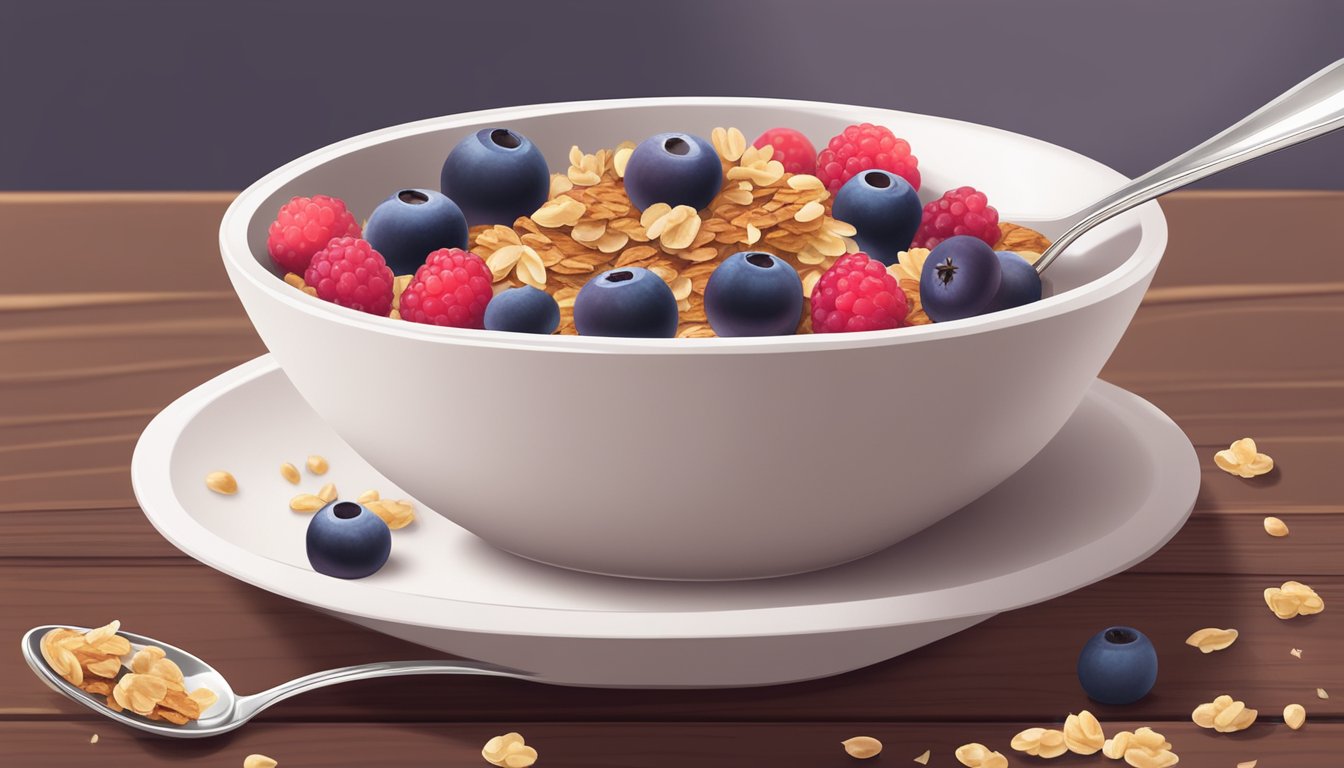 Acai bowl with granola, berries, and coconut flakes in a white ceramic bowl on a wooden table with a spoon beside it