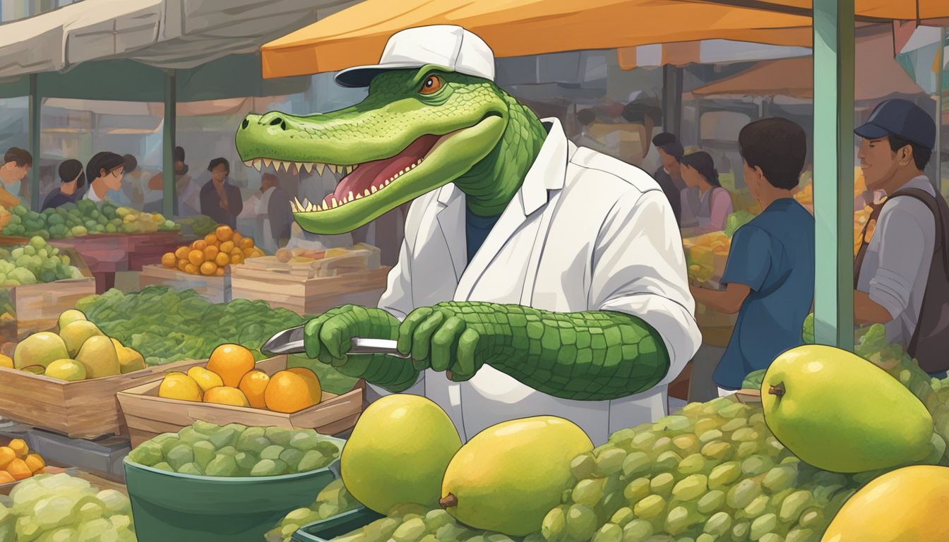 A person slicing open an alligator pear, revealing the creamy green flesh inside. Nearby, a bustling market with diverse vendors and customers